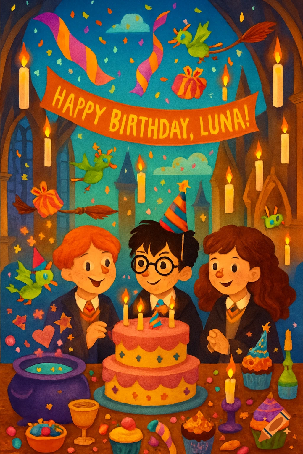 A vibrant storybook illustration of Harry Potter, Ron, and Hermione at a magical birthday party with a banner reading "Happy Birthday, Luna!".