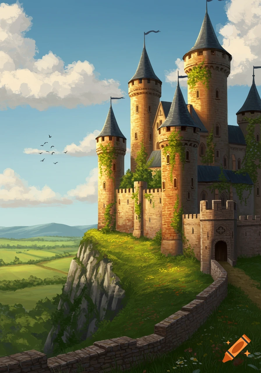 A majestic castle with multiple towers and green ivy sits atop a grassy cliff, overlooking a vast green valley under a bright blue sky with clouds.