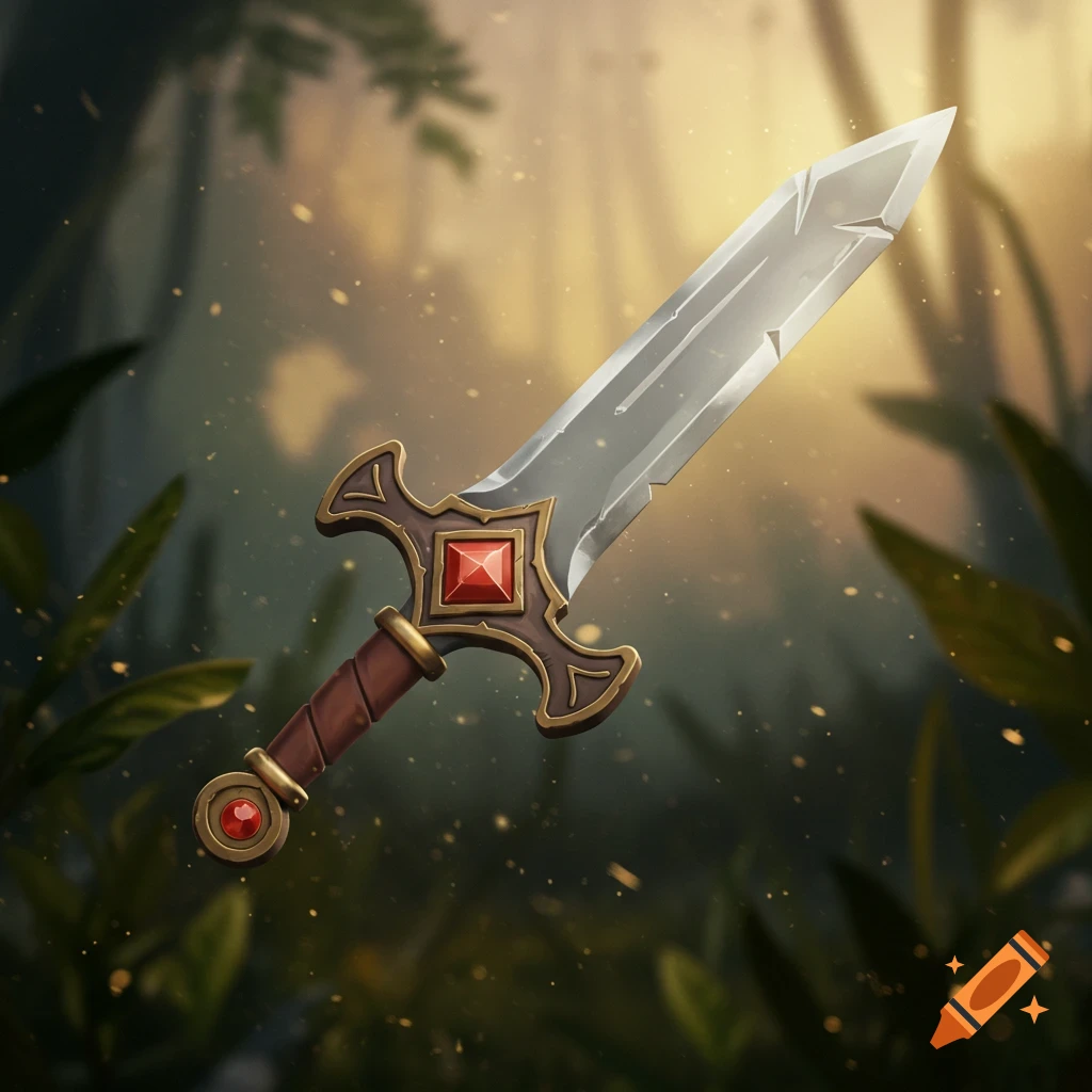 A stylized cartoon sword with a silver blade, brown hilt, and red jewel accents, set against a blurred forest background with glowing particles.