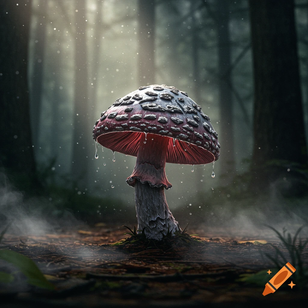 A vibrant red and white mushroom with water drops stands in a dark, misty forest illuminated by light rays.