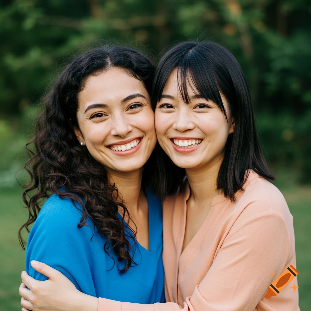 Two smiling women, one with curly hair in blue and one with straight hair in peach, embracing outdoors.