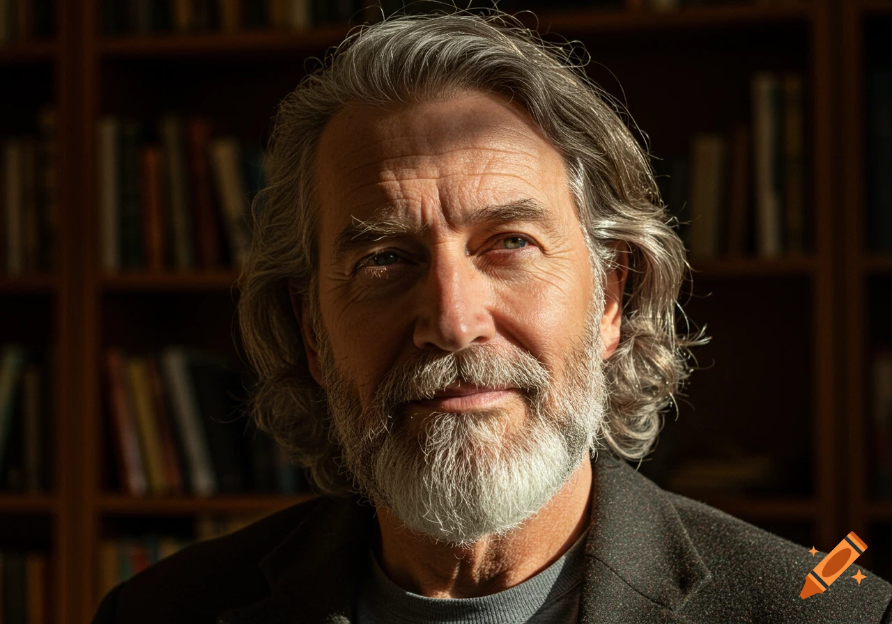Photorealistic portrait of a man in his fifties with a long grey beard and hair, looking forward, in front of a blurred bookshelf.