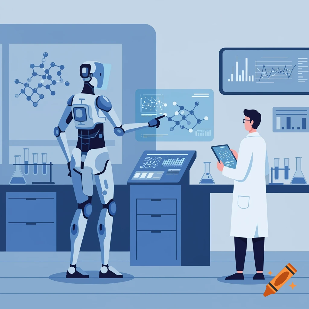 An illustration of a robot and a scientist in a blue laboratory, with the robot pointing at a holographic display of a molecule.