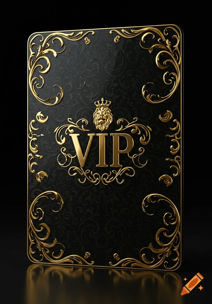 A black VIP card with ornate gold filigree, a crowned lion's head, and the word 'VIP' in the center.