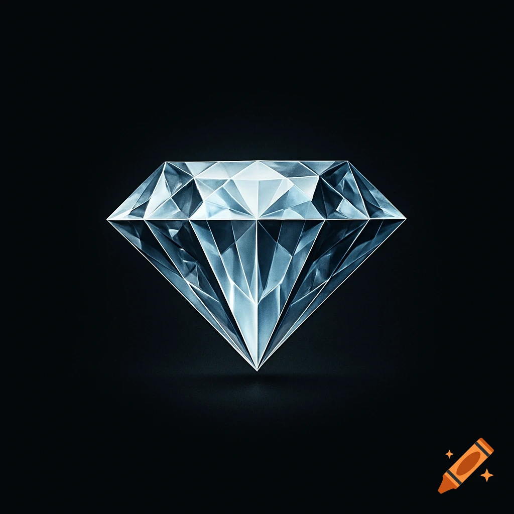 A bright, faceted, blueish-white diamond with clear reflections, centered on a deep black background.