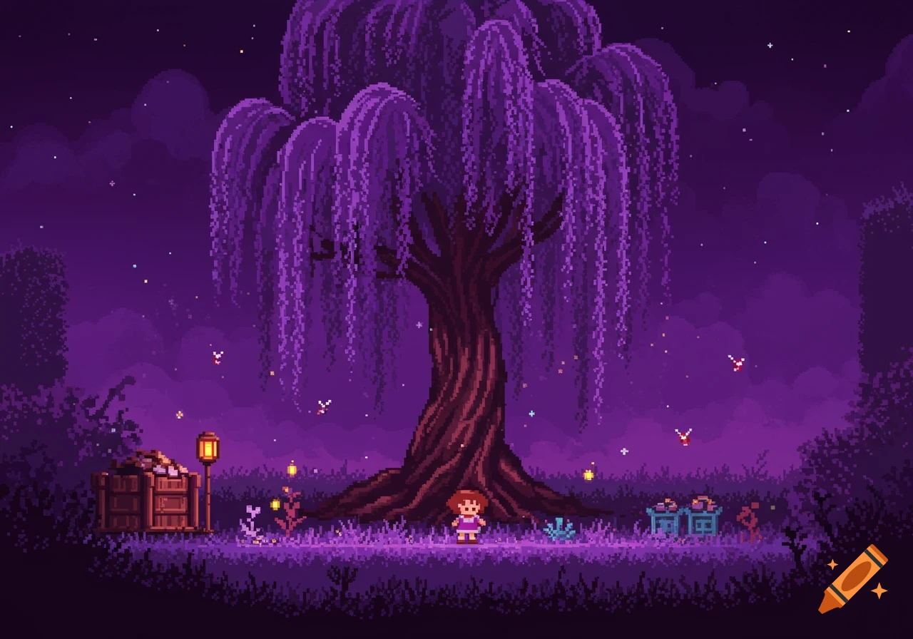 Pixel art of a small girl beneath a large purple willow tree in a starry, mystical landscape, 8-bit style.