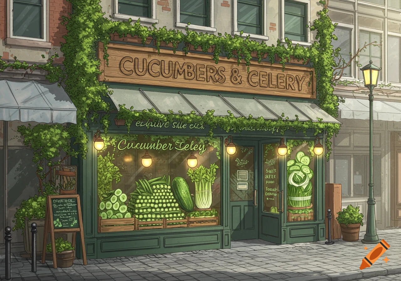An illustration of a green storefront with ivy, named 'Cucumbers & Celery,' displaying fresh produce on a sunny street.
