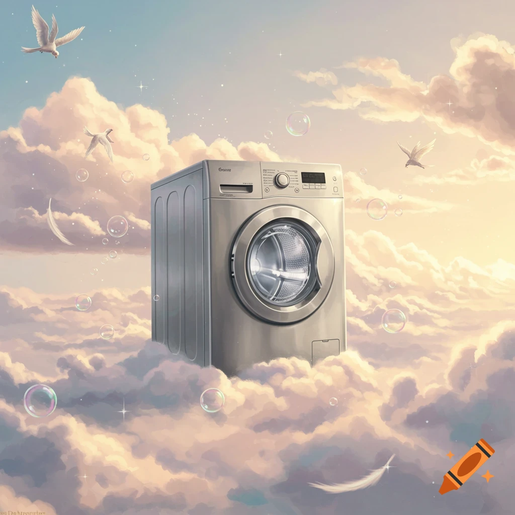 A silver washing machine floats amidst soft clouds in a pastel sky with birds, bubbles, and feathers.
