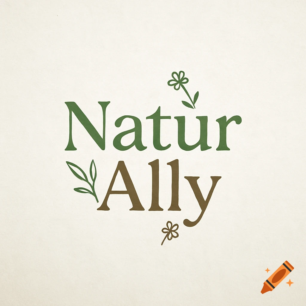 A logo for 'Natur Ally' with 'Natur' in green and 'Ally' in brown, adorned with small green plant and flower graphics on a light textured background.