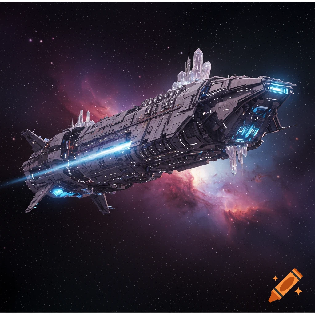 A highly detailed sci-fi spaceship with glowing blue lights and crystalline structures floats through a colorful nebula in space.