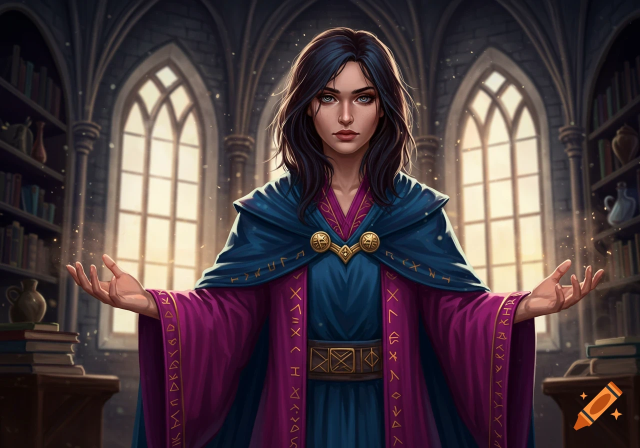 A dark-haired female mage in blue and magenta robes with runes, standing in a grand library with her hands open, casting a spell, fantasy art style.