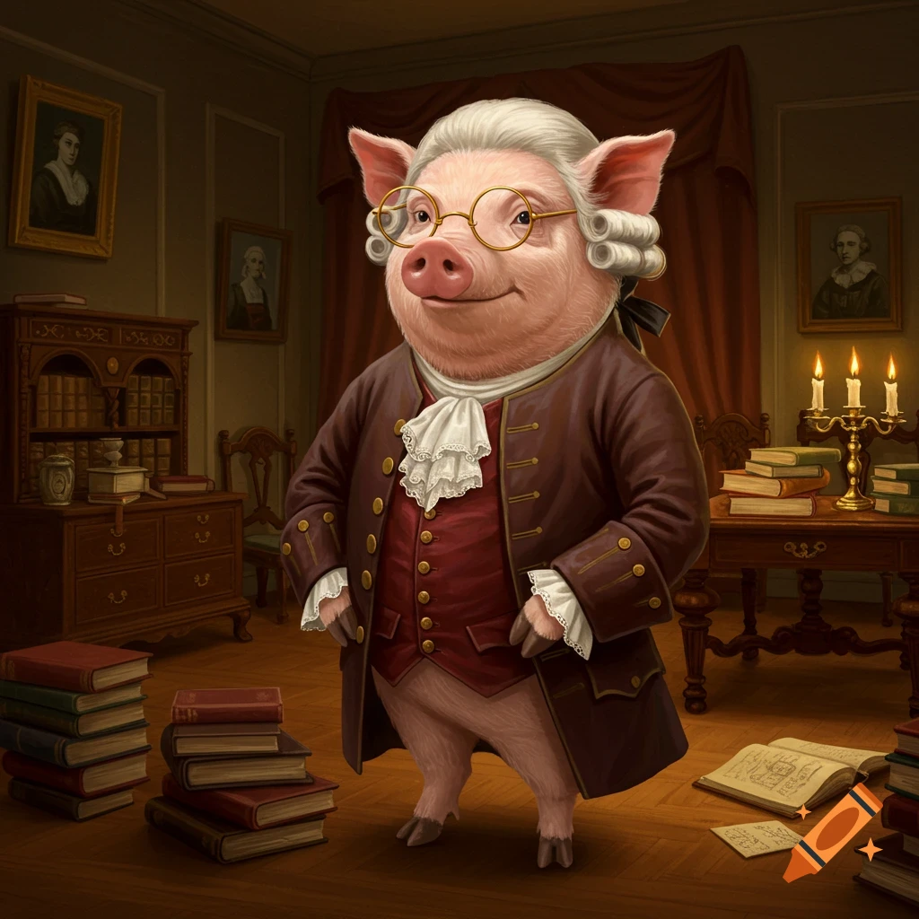 A smiling pig dressed in 18th-century attire with a white wig and glasses stands in a well-furnished study surrounded by stacks of books and candelabras.
