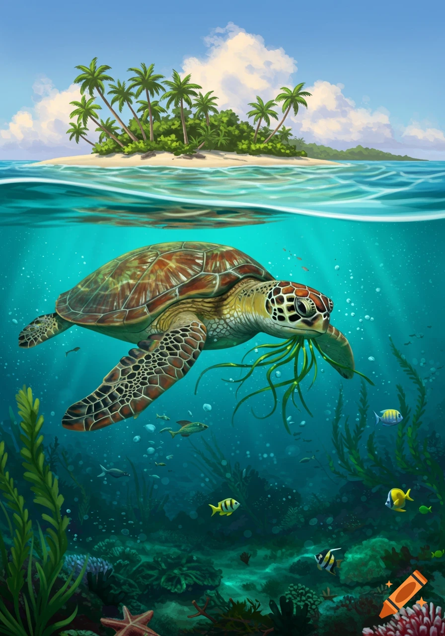A sea turtle swims underwater, eating seaweed, with a tropical island and palm trees visible above the water.