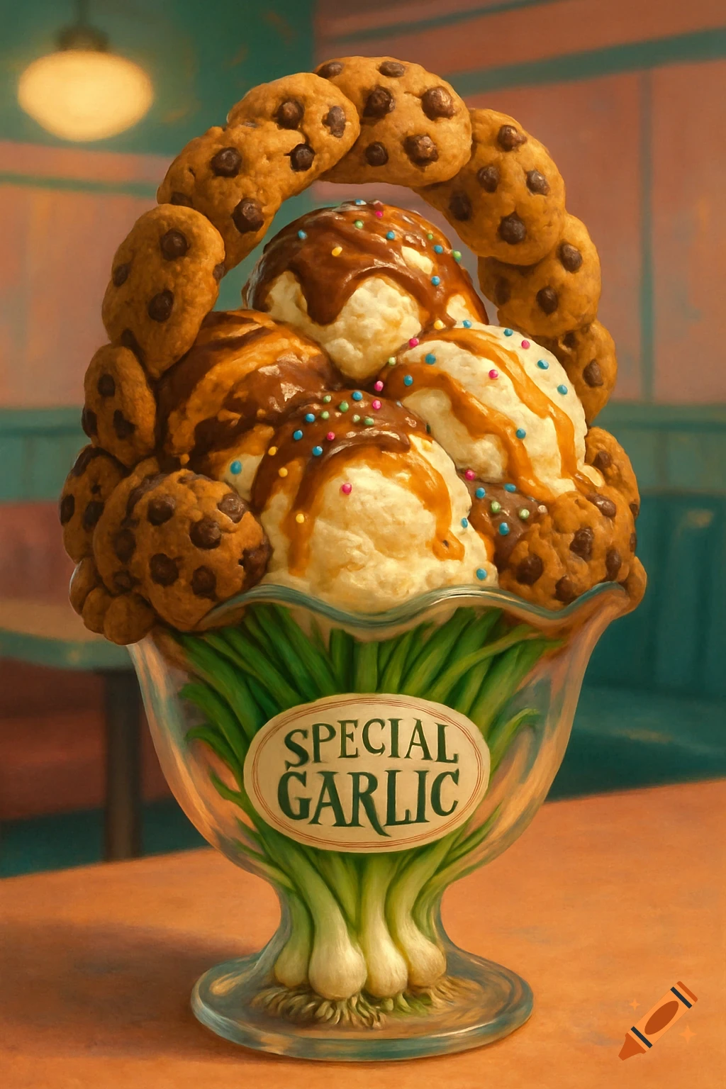 A surreal ice cream sundae with chocolate chip cookies and sprinkles, served in a glass supported by green onions with a 'SPECIAL GARLIC' label.