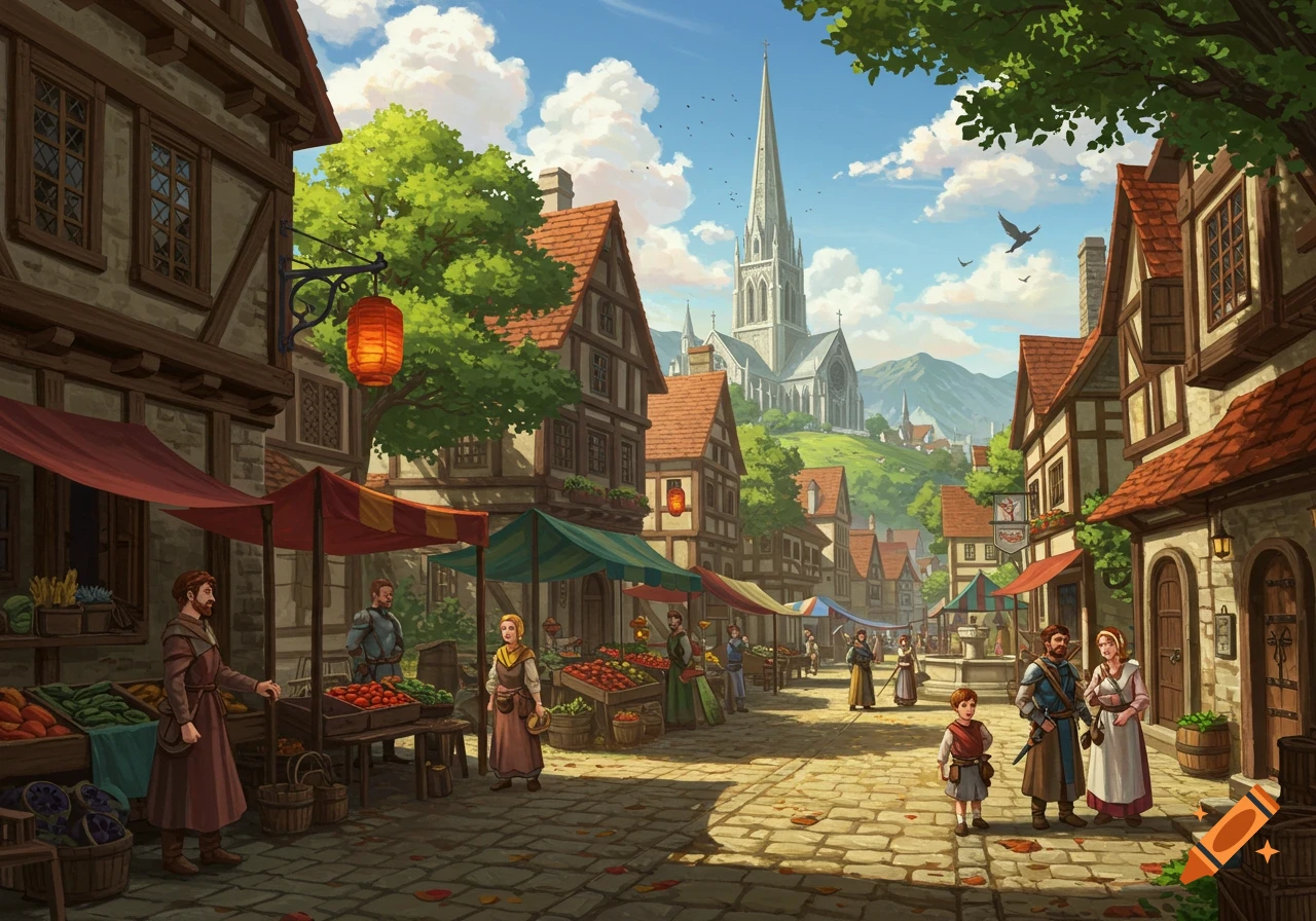 A bustling medieval town market scene with vendors, villagers, half-timbered buildings, and a tall-spired church on a hill under a blue sky.