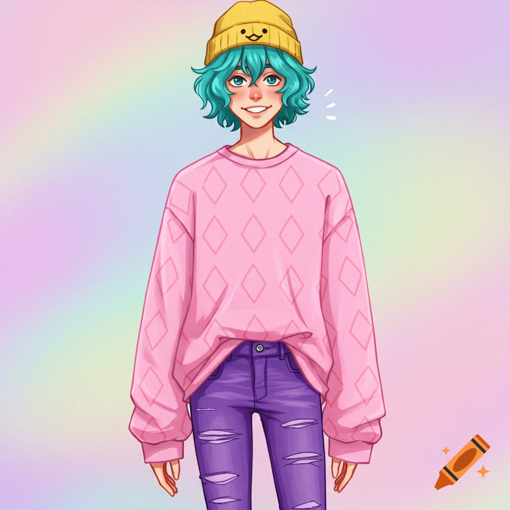 An anime-style character with teal hair and a yellow beanie wearing a pink diamond-patterned oversized sweater and purple ripped jeans.