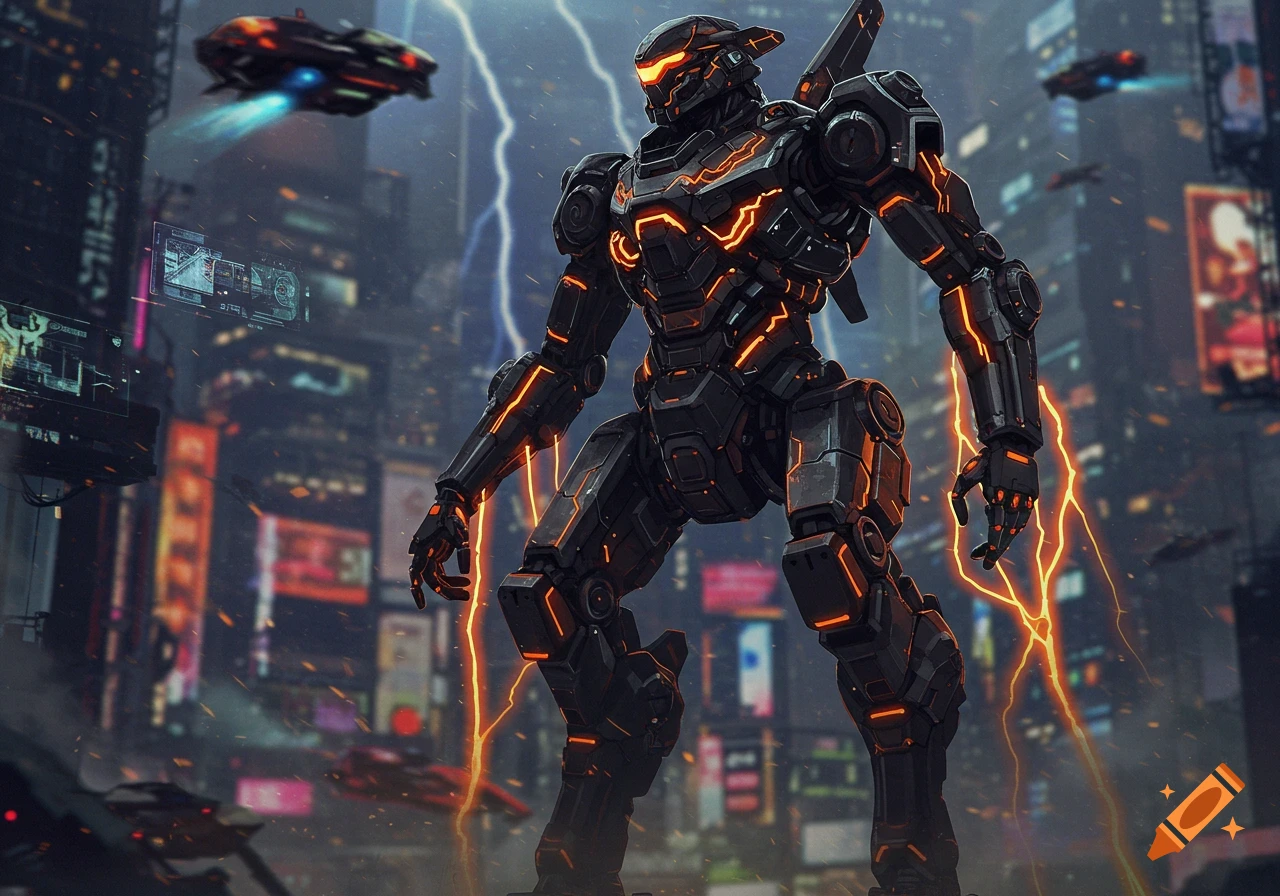 A powerful black and neon orange mech suit stands in a futuristic, rainy cyberpunk city with glowing buildings and flying vehicles.