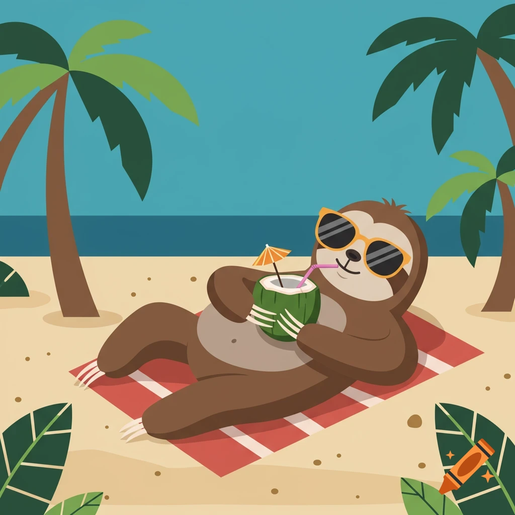 A cartoon sloth wearing sunglasses sips a drink from a coconut with a straw while relaxing on a red and white striped towel on a beach with palm trees and the ocean in the background.