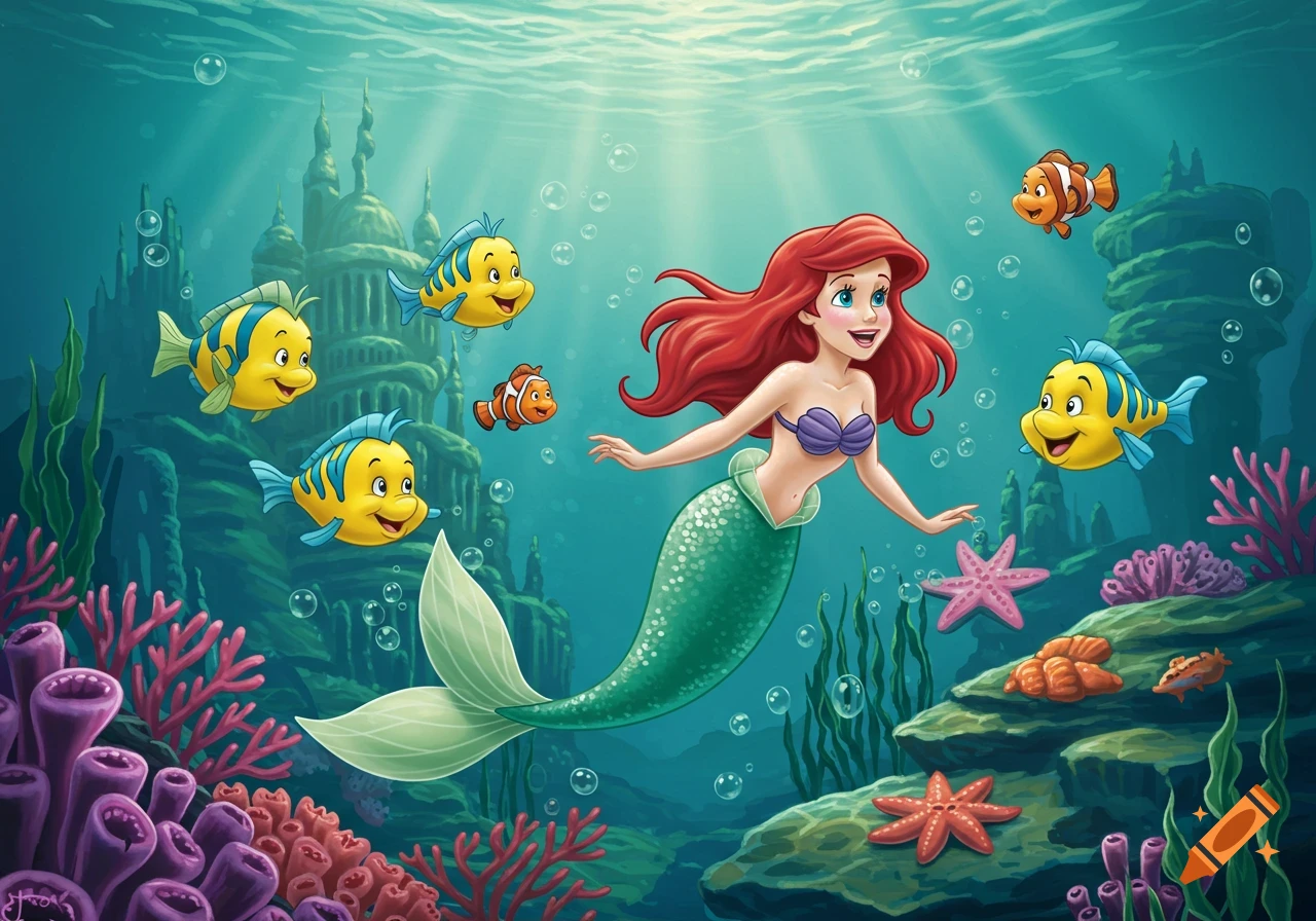 A vibrant cartoon mermaid with red hair and a green tail smiles while swimming underwater with yellow and orange fish, an underwater castle, and coral.