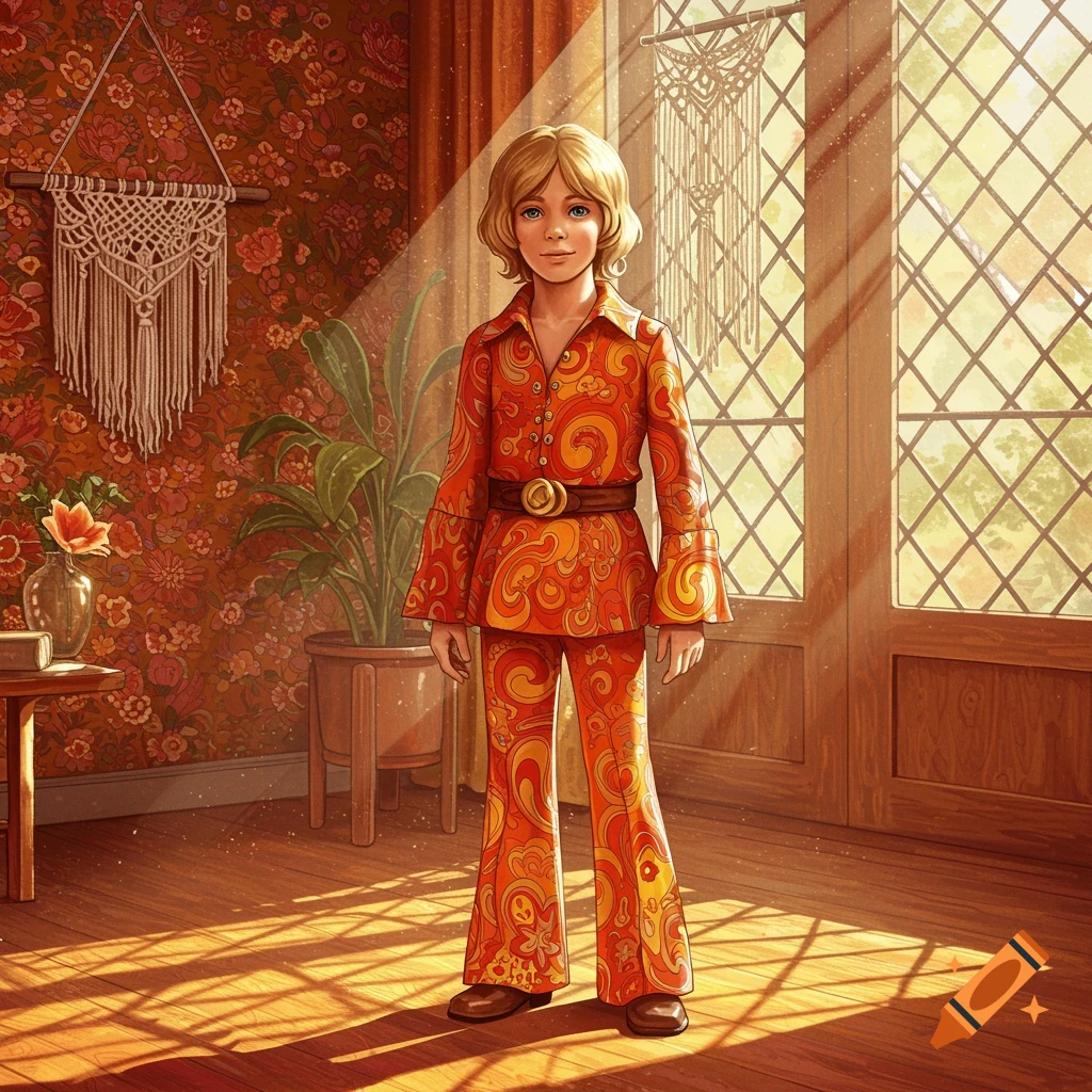 A boy with blonde hair in a red and orange psychedelic 70s-style suit stands in a sunlit room with patterned wallpaper.
