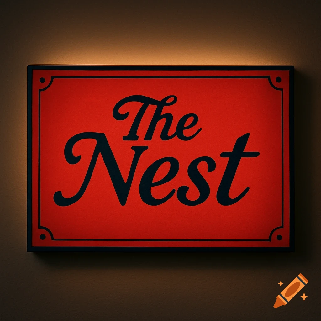 A red rectangular sign with a dark border, featuring the words "The Nest" in black cursive font, illuminated from behind.