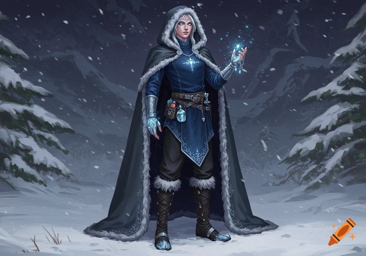 A white-haired winter mage in a blue tunic and fur-lined cloak stands in a snowy landscape, holding glowing blue magic.