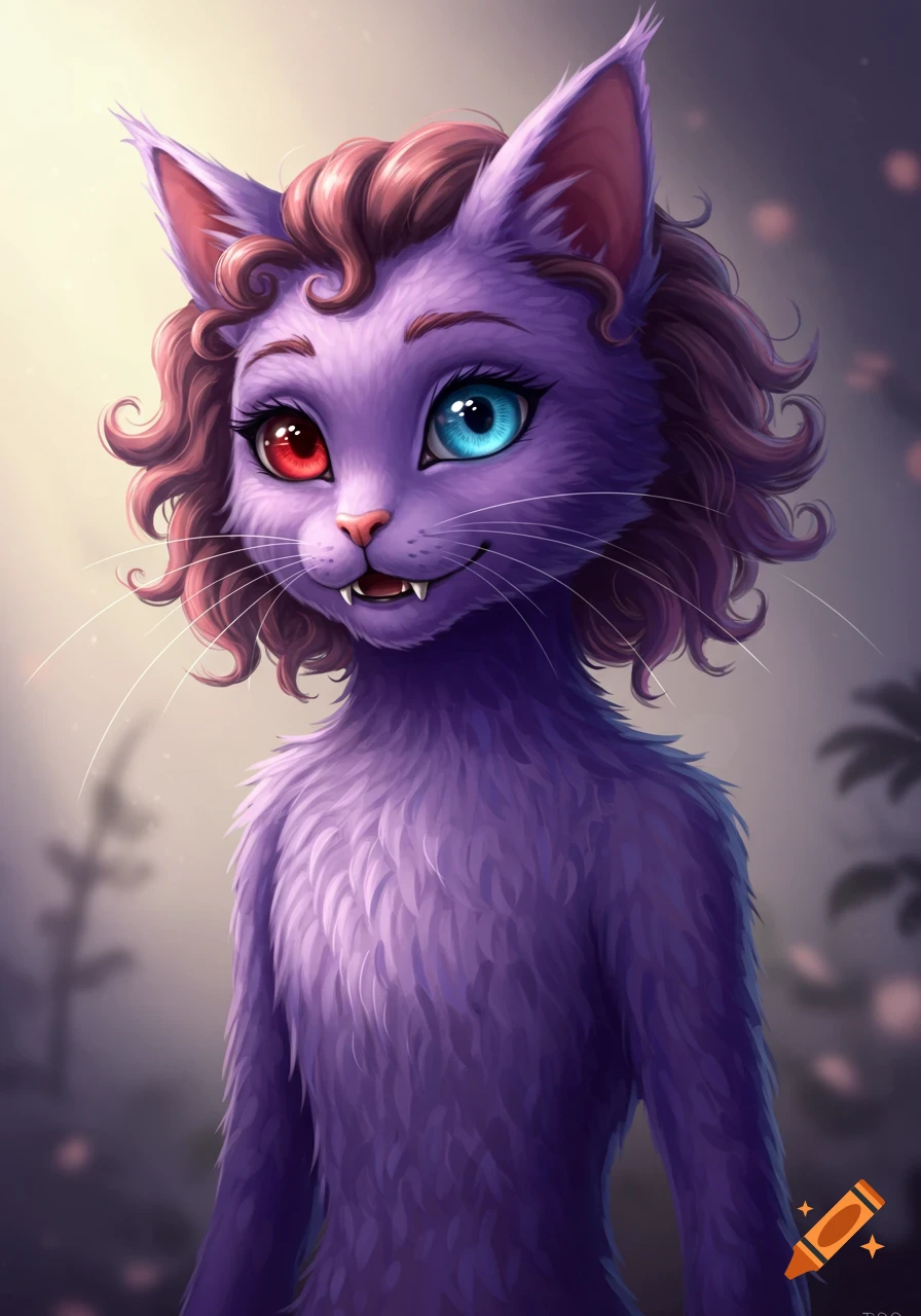 A purple anthropomorphic cat with red and blue heterochromia eyes and curly brown hair, digital art.