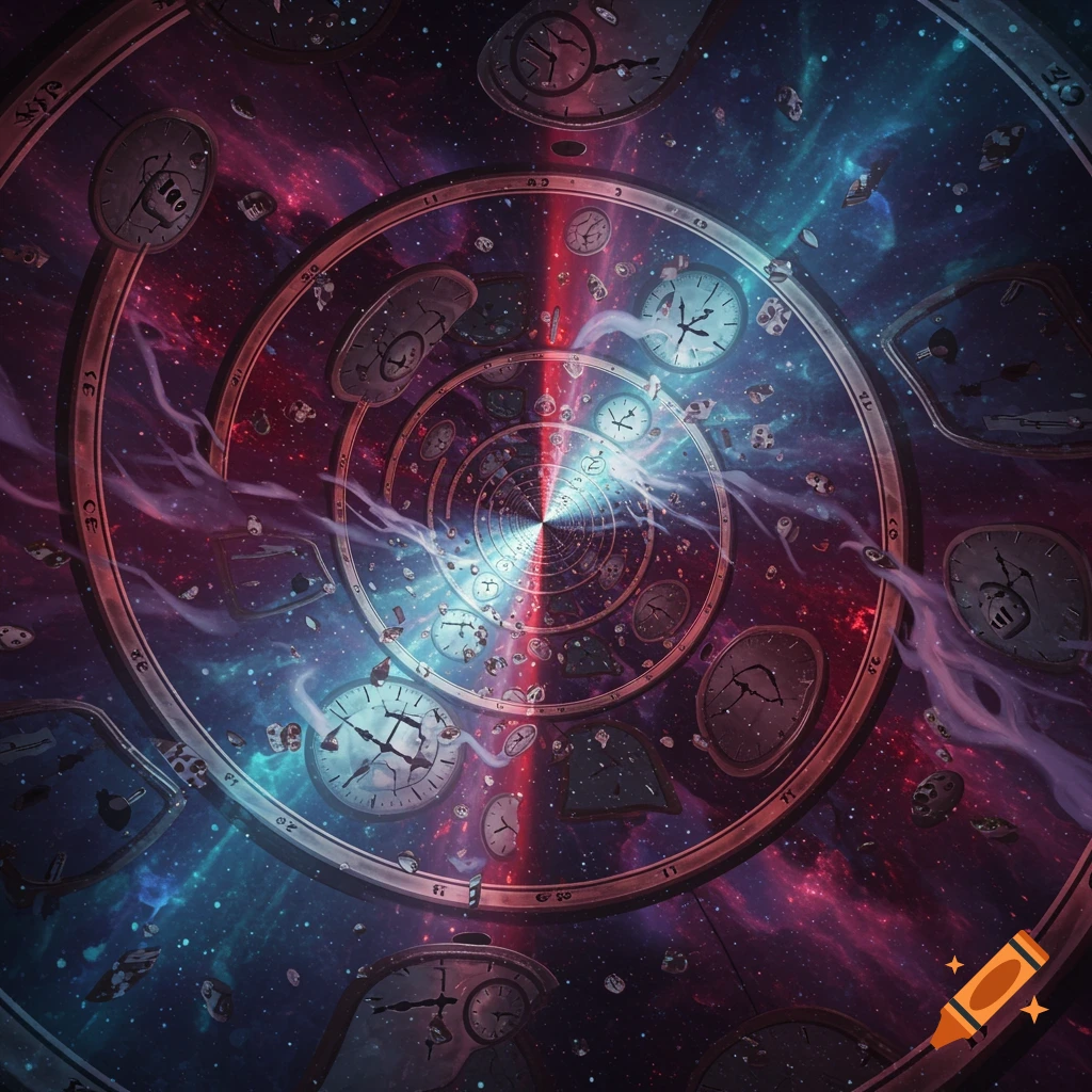 A surreal spiral tunnel made of time, with numerous clocks and gears floating through a cosmic red and blue nebula, suggesting an infinite loop.