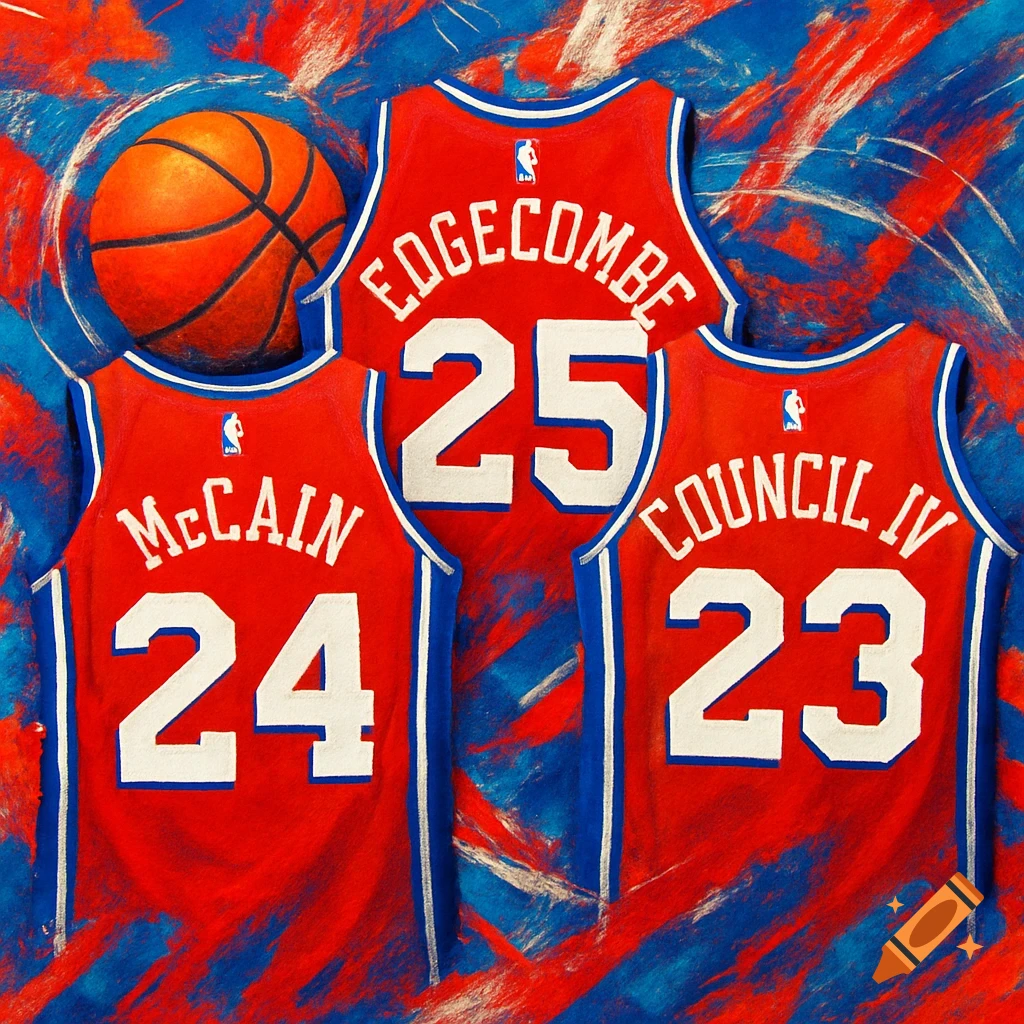 Three red basketball jerseys with names McCain 24, Edgecombe 25, and Council IV 23, and a basketball on a blue and red abstract background.