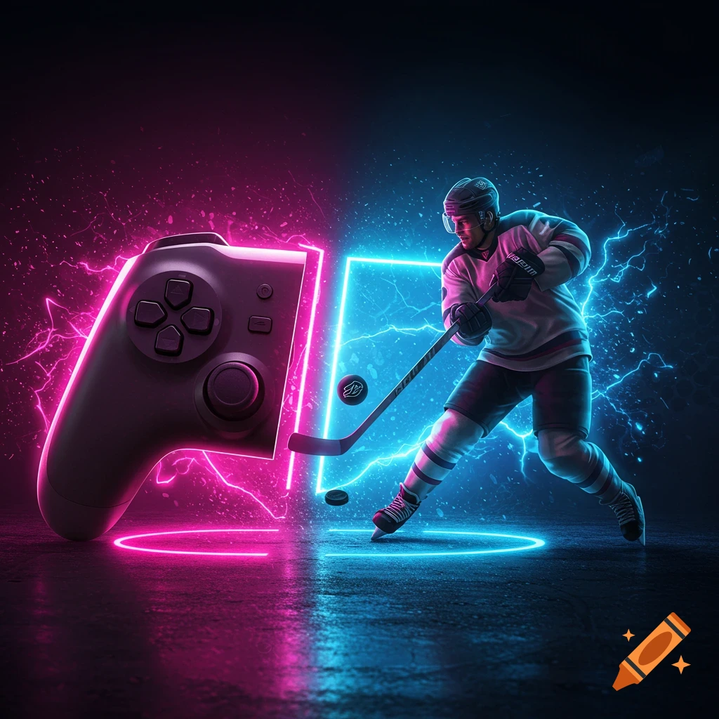 A large video game controller glowing pink next to an ice hockey player surrounded by blue neon lights.