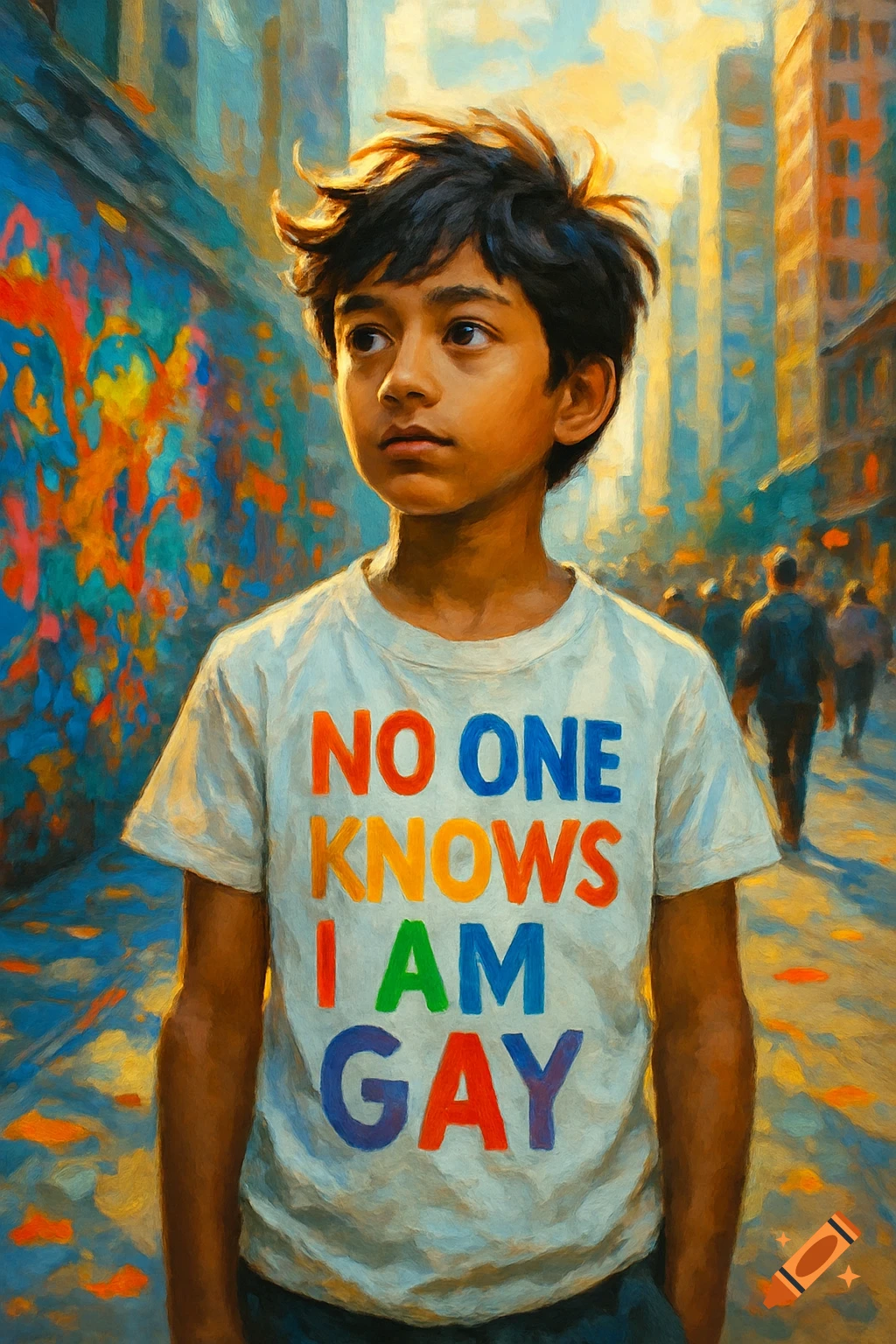 A young boy with dark hair stands on a city street, wearing a white T-shirt that reads "NO ONE KNOWS I AM GAY." The image has a painterly style.