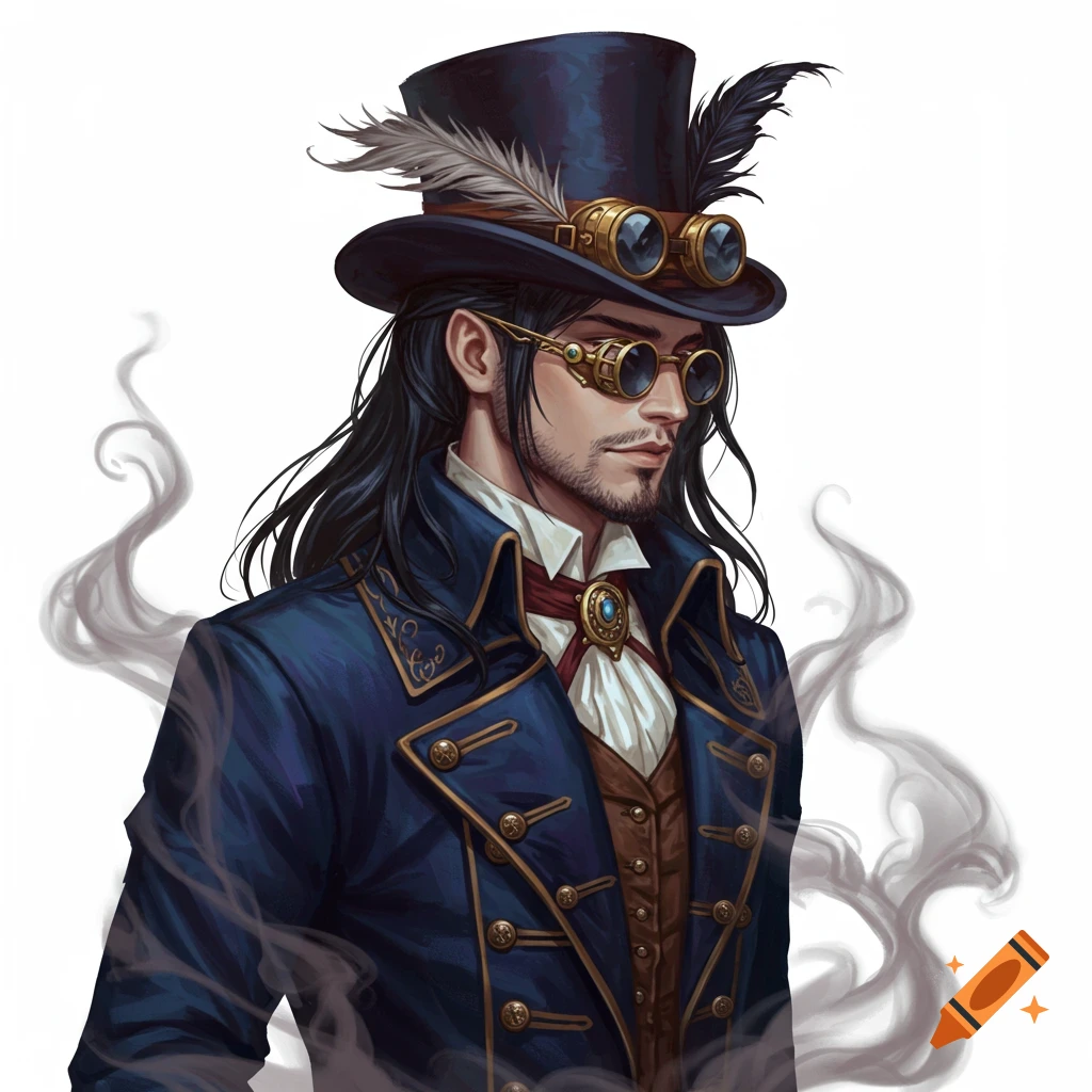 A man with long dark hair, a beard, and steampunk goggles wears a blue velvet coat and top hat with feathers.
