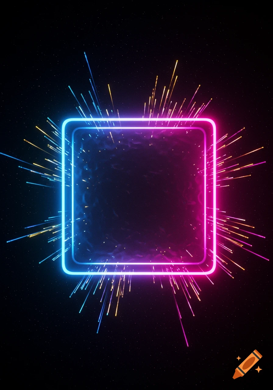 A glowing neon square frame with a blue-to-pink gradient, surrounded by colorful light bursts against a dark, starry background.
