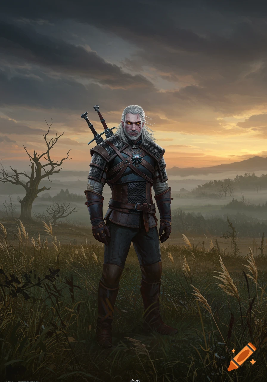 Geralt of Rivia, with white hair and yellow eyes, in armor and carrying swords, stands in a misty field at sunset.