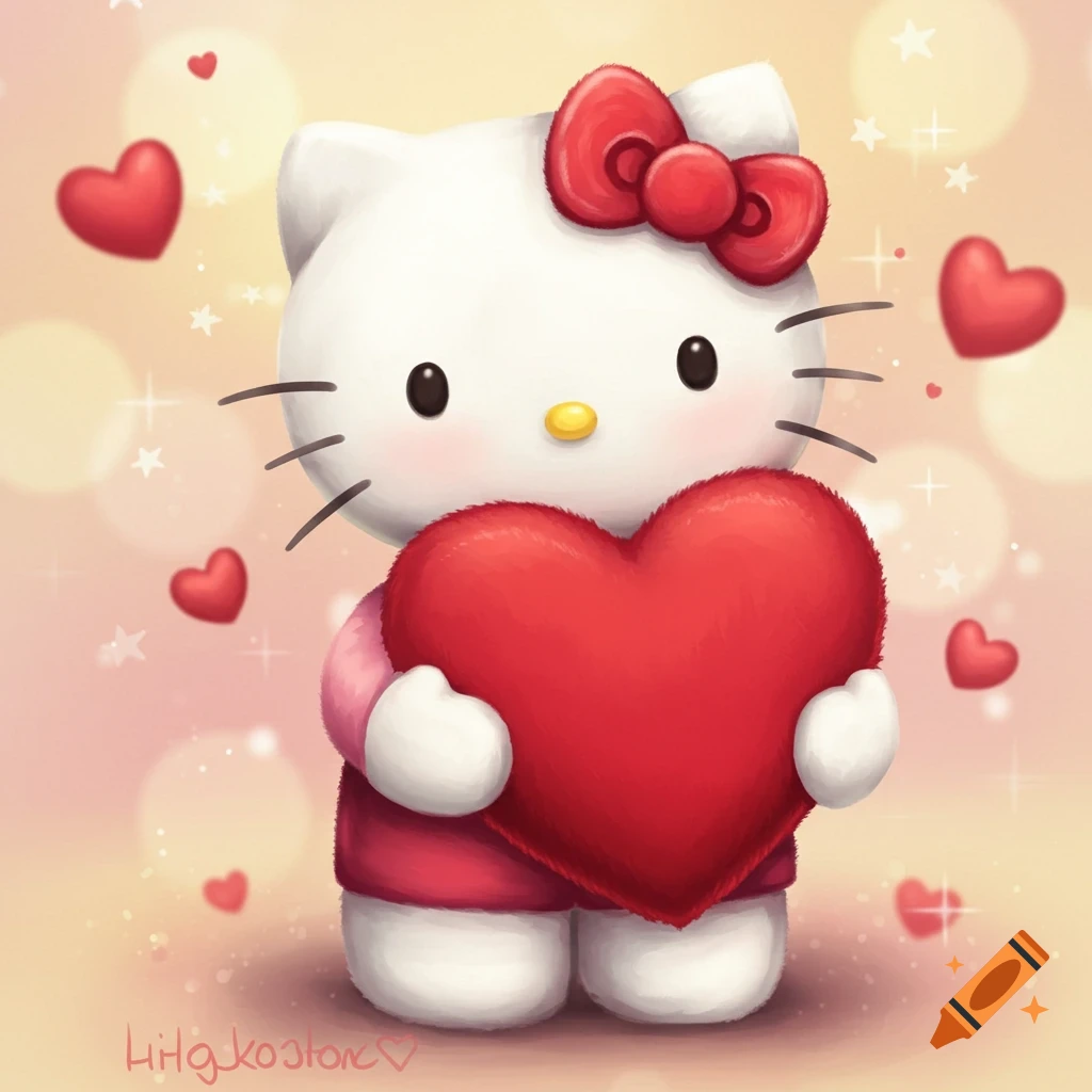 Hello Kitty holding a large red heart against a soft, sparkling background with smaller hearts.