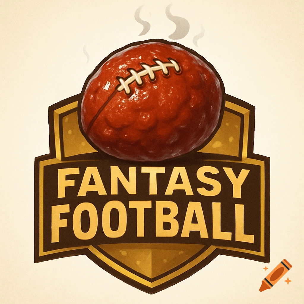 A logo for fantasy football featuring a brown shield with gold trim and "FANTASY FOOTBALL" text, topped by a textured meatball shaped like a football with laces, emitting steam.