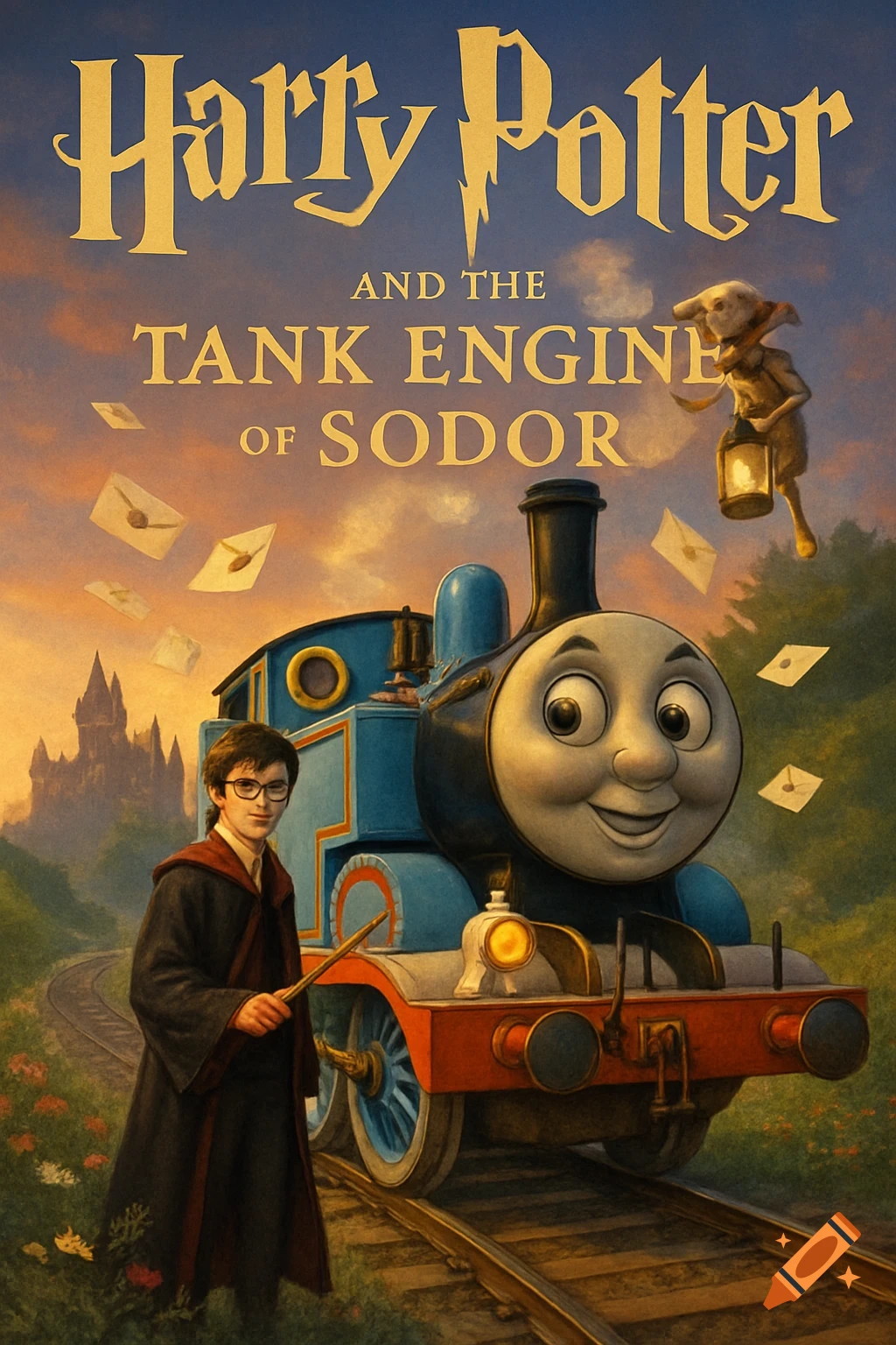 A book cover for 'Harry Potter and the Tank Engine of Sodor' showing Harry Potter with a wand next to Thomas the Tank Engine on railway tracks, with Dobby flying above, and a castle in the background.