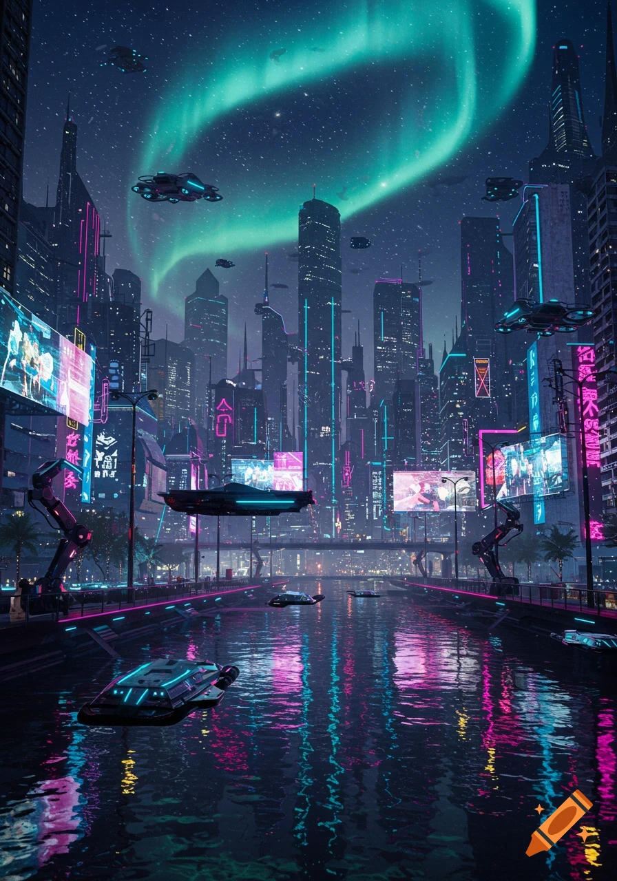 A vibrant, futuristic cityscape at night with neon lights reflecting in a canal, flying vehicles, and an aurora in the sky.