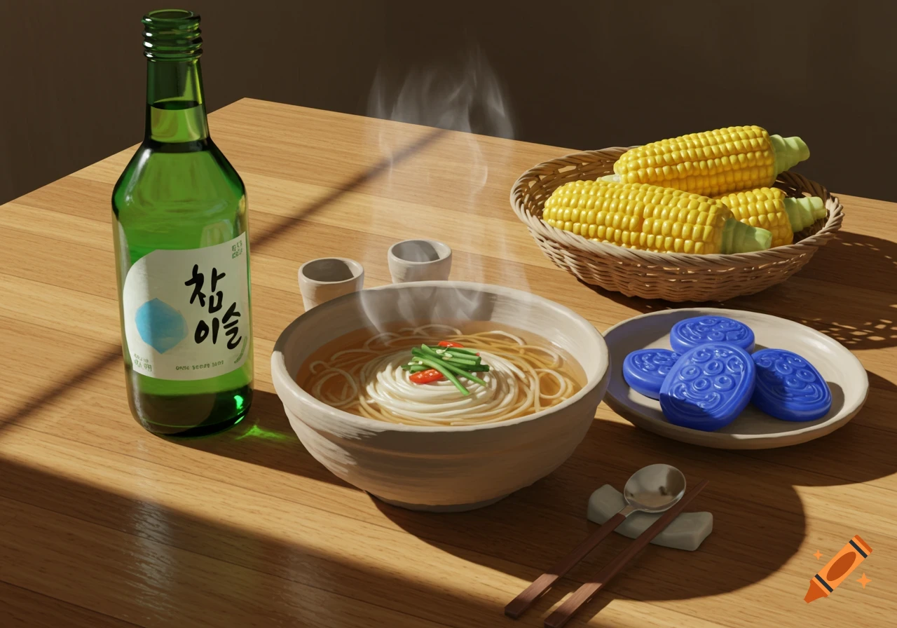 A table with a green soju bottle, a steaming bowl of naengmyeon noodles, a basket of corn, and blue confections, bathed in sunlight.