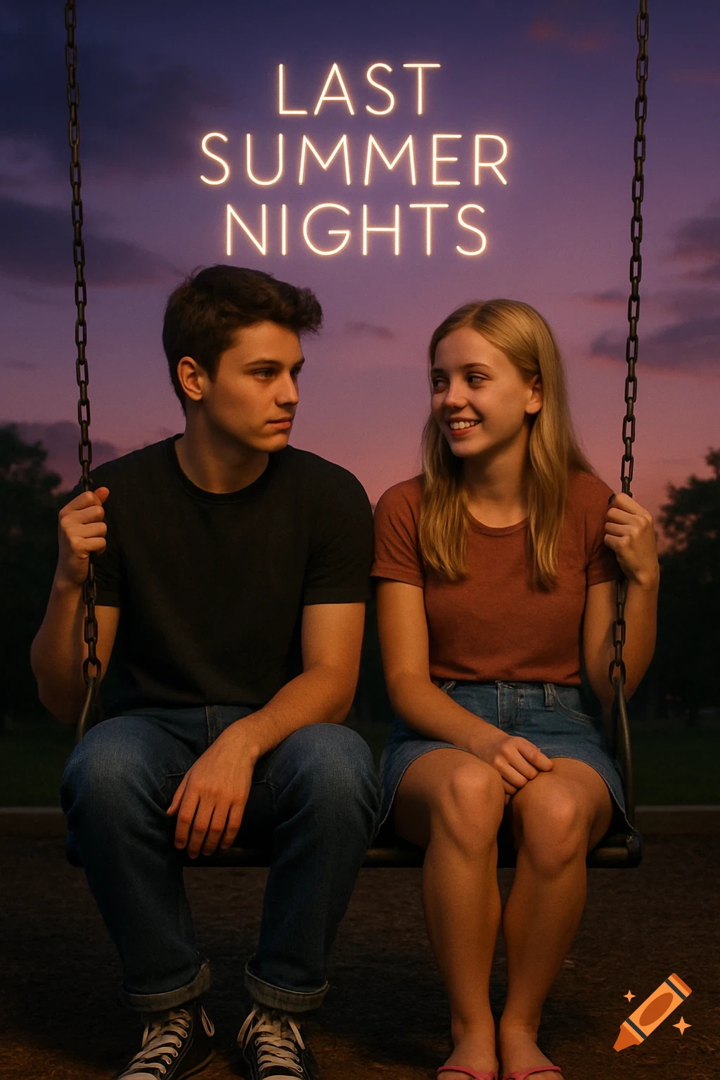 A teen couple sits on a swing in a park at twilight with the title "LAST SUMMER NIGHTS" glowing above them. Photorealistic.