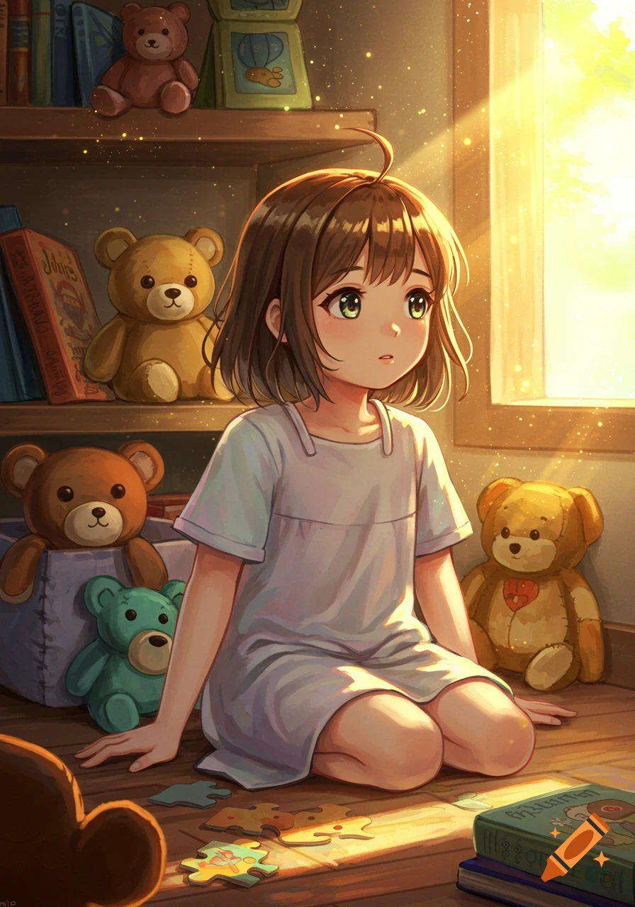 Anime-style young girl in a white dress sits on a wooden floor, surrounded by teddy bears and books, bathed in warm sunlight from a window.