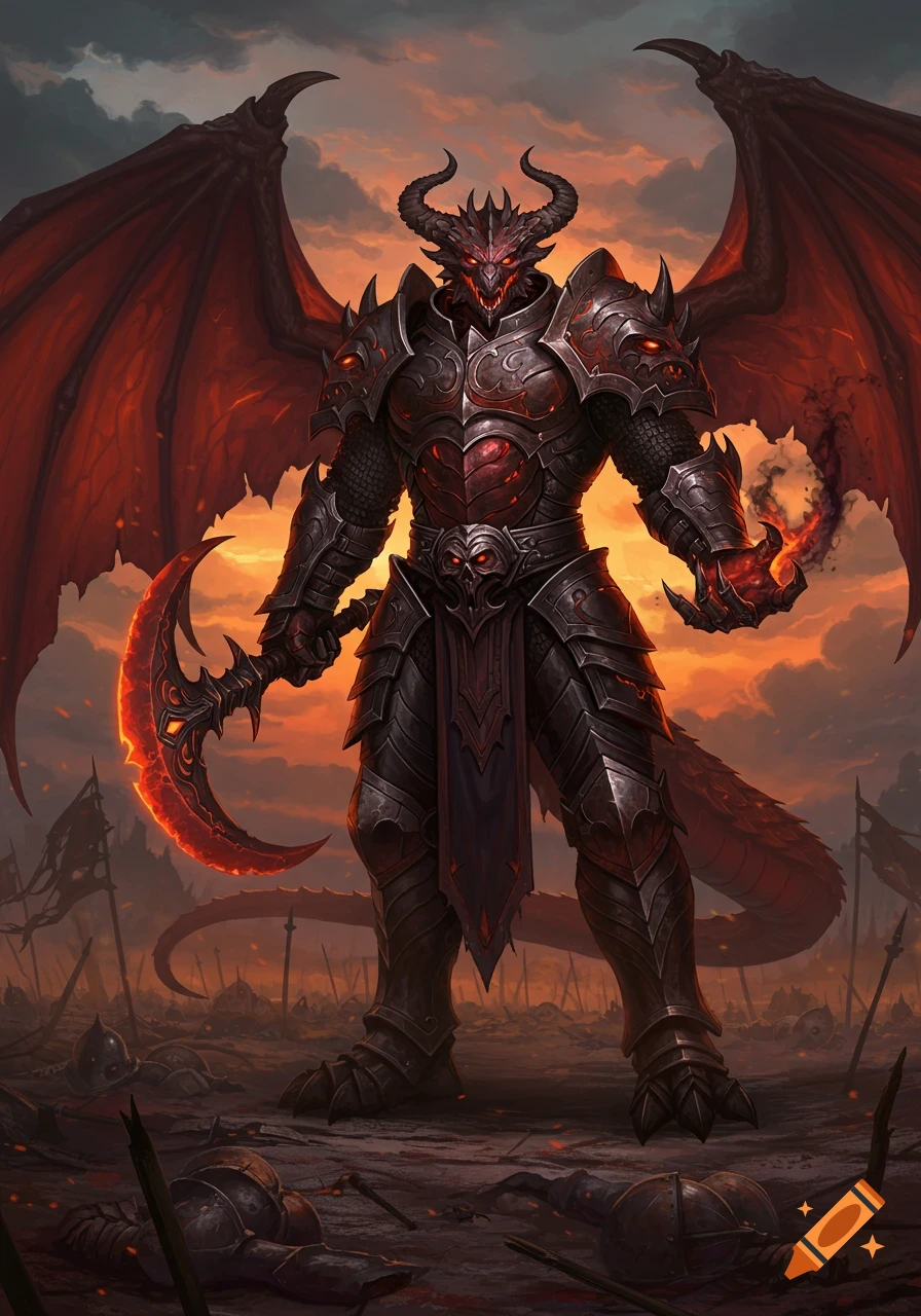 A powerful dragon-like warrior in dark, ornate armor stands on a fiery battlefield, holding a glowing scythe and wielding fire.