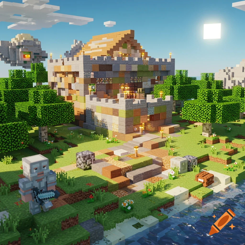 A blocky 3D render of a Minecraft-style world with a large house, trees, water, and a character holding a sword on a sunny day.