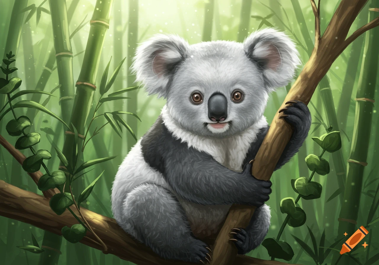 A cute cartoon-style koala with panda markings sits on a tree branch in a green bamboo forest.