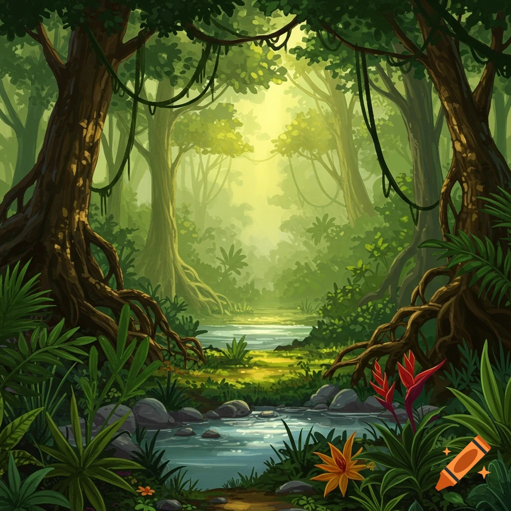 Lush green illustrated jungle scene with a winding river flowing through large trees and dense foliage, lit by sunlight.