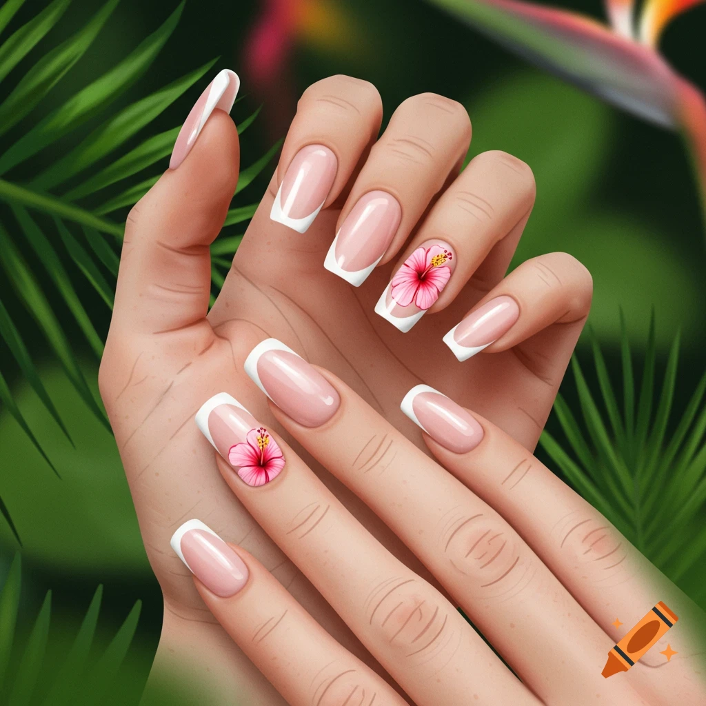 A hand with French tip nails, two of which are adorned with pink hibiscus flowers, set against a blurred green tropical background.