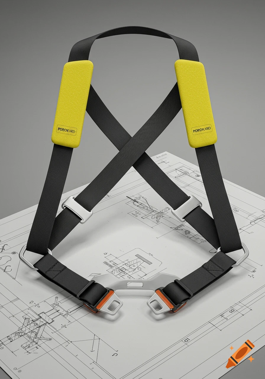 A detailed 3D render of a black and yellow seatbelt system with two shoulder straps and a lap belt, laid out on a blueprint.