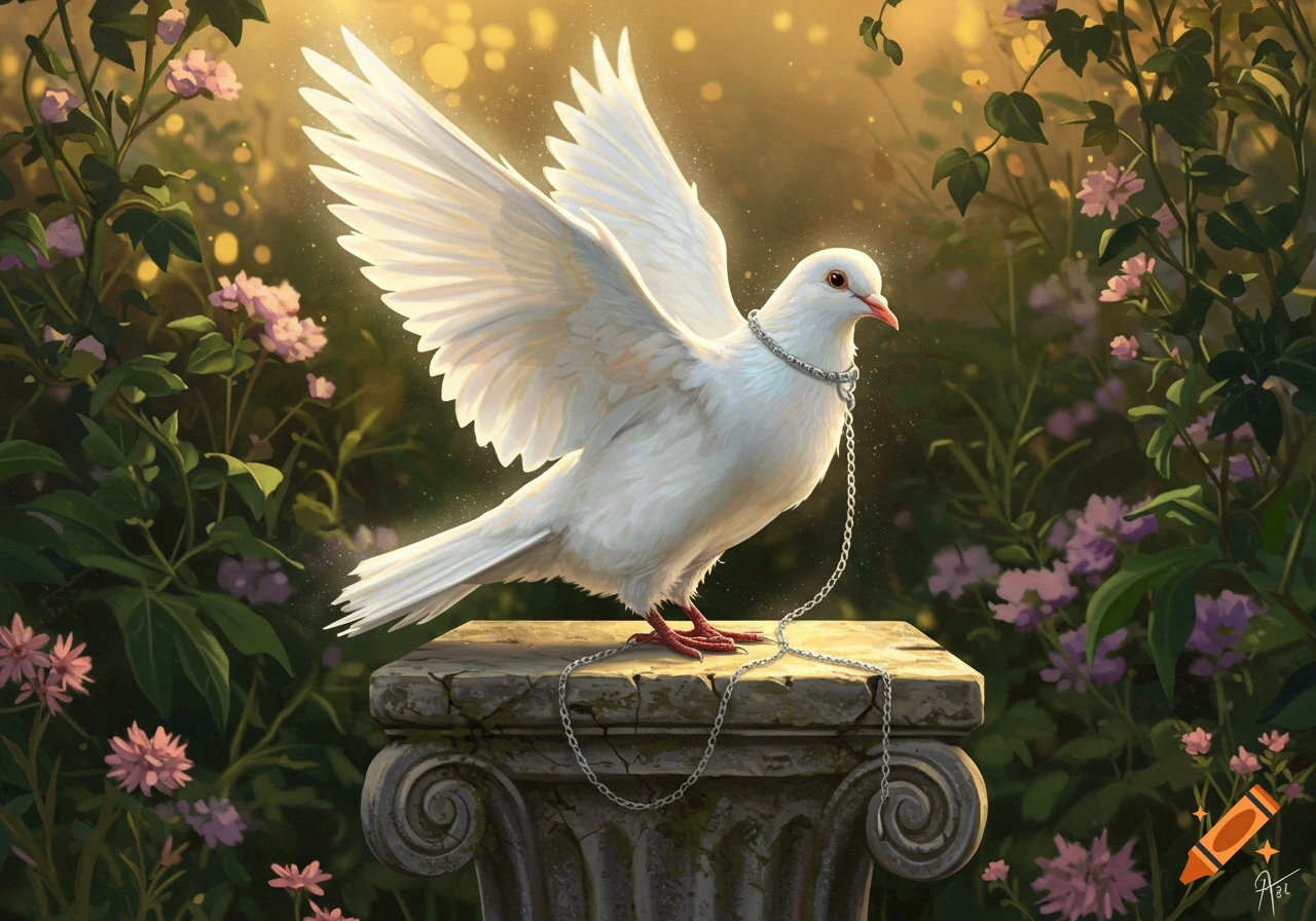 A majestic white dove with outstretched wings, chained by a silver leash to a stone pedestal in a lush, sun-drenched garden with pink flowers.