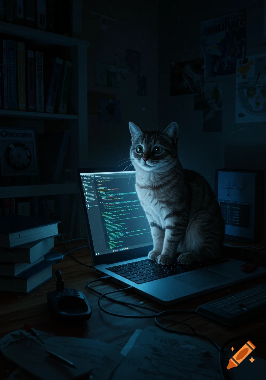 A photorealistic tabby cat sits on a laptop displaying glowing green code in a dimly lit room.
