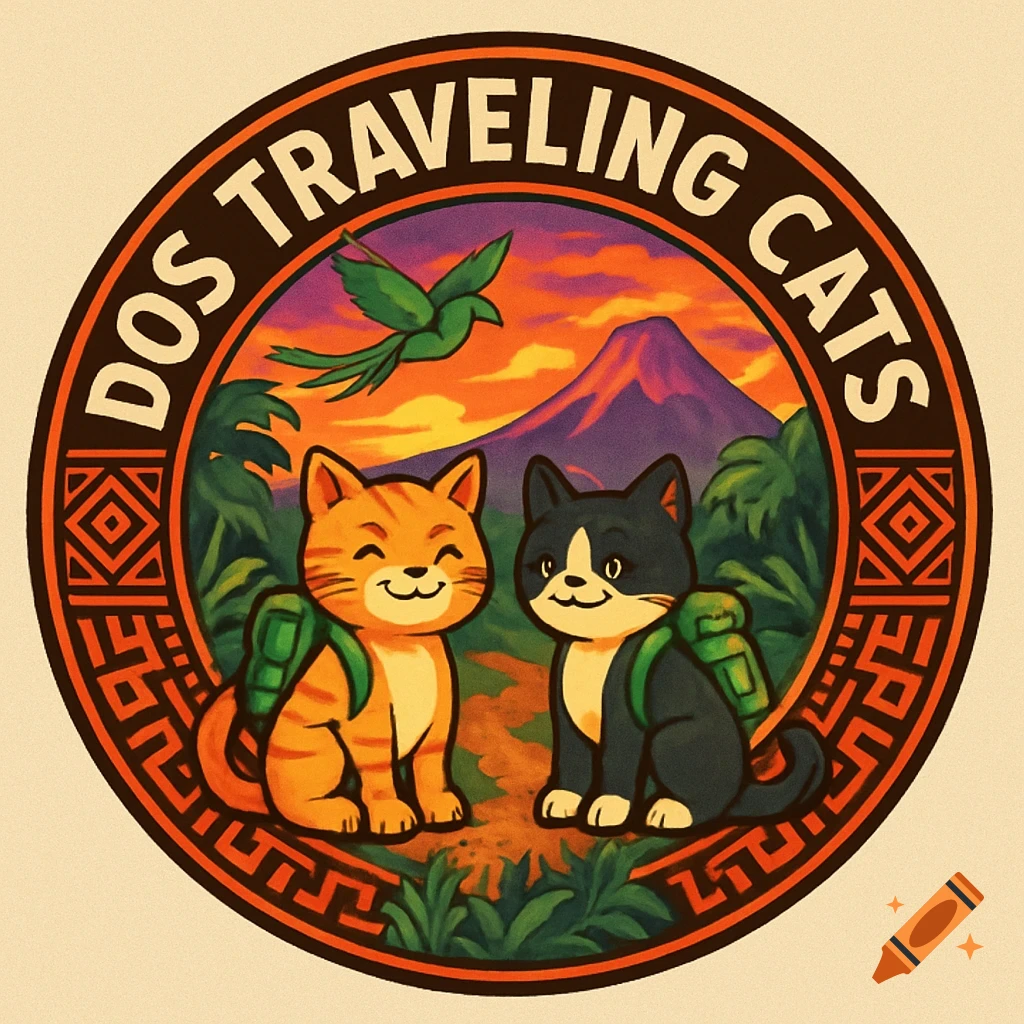 A circular logo featuring two cartoon cats with backpacks, a volcano, and a bird, with text 'DOS TRAVELING CATS'.